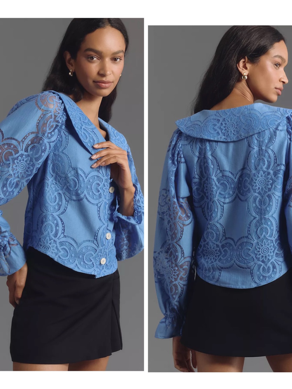 Maeve Anthropologie Blue Long Sleeve Collared Flower Button Lace Blouse Sz S NEW